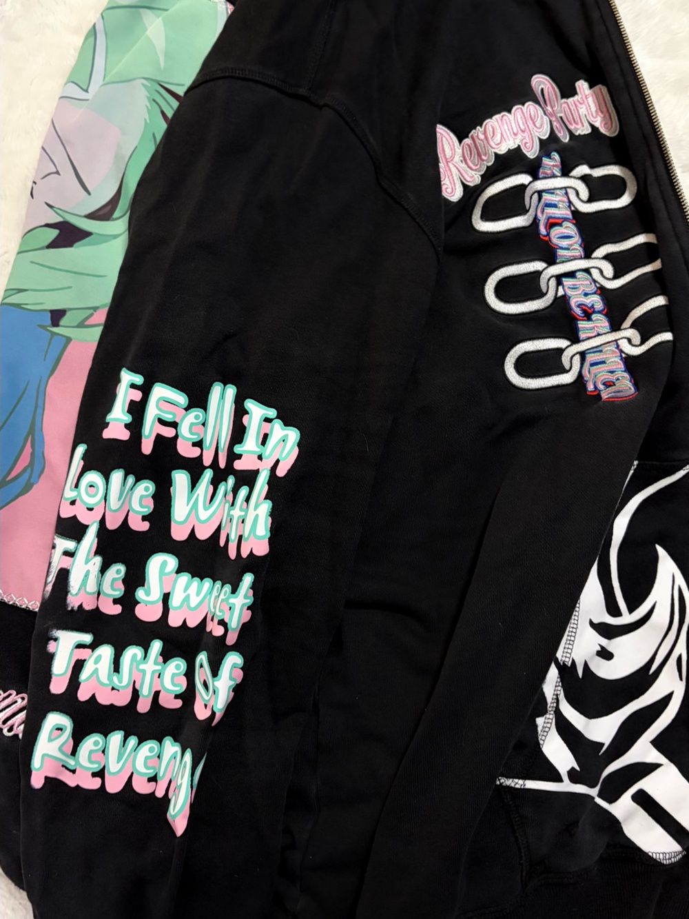 Black Graphic Zip Hoodie with Pink & Mint Lettering